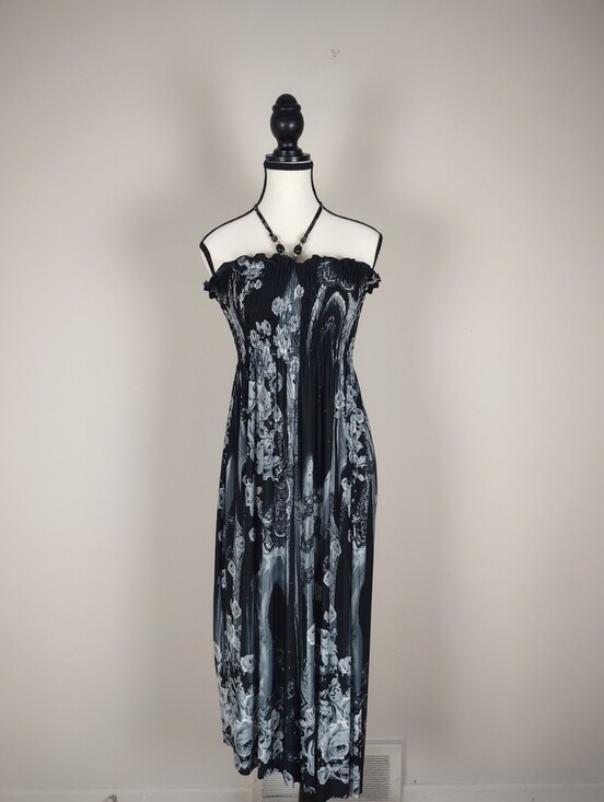 Christinalove Dresses & Skirts - Black & White Floral Smocked Halter Midi Dress Size S